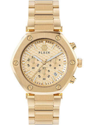 Front view of Philipp Plein Chronograph PWZBA0523 Gold Stainless Steel Unisex Watch on white background