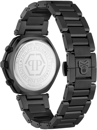 Angle shot of Philipp Plein Chronograph PWZBA0623 Black Stainless Steel Unisex Watch on white background