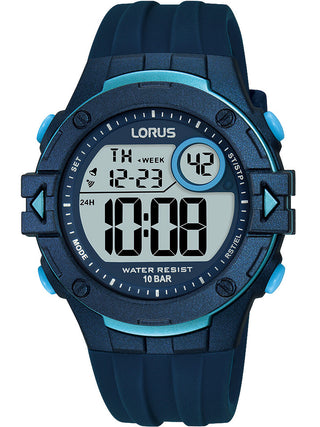 Front view of Lorus Sports R2325PX9 Blue Rubber Unisex Watch on white background