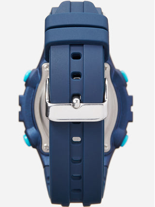 Angle shot of Lorus Sports R2325PX9 Blue Rubber Unisex Watch on white background