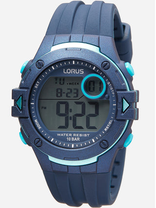 Angle shot of Lorus Sports R2325PX9 Blue Rubber Unisex Watch on white background