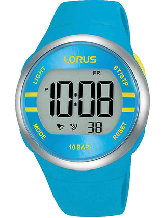 Front view of Lorus Chronograph R2341NX9 Grey Dial Blue Silicone Womens Watch on white background