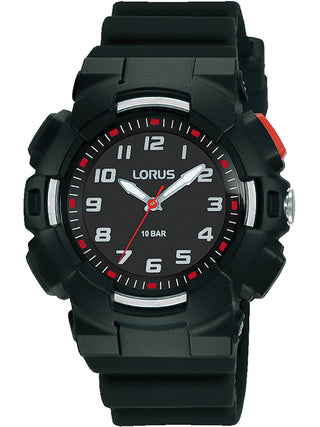 Front view of Lorus R2347NX9 Black Silicone Unisex Watch on white background