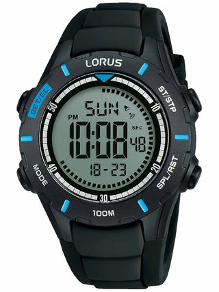 Front view of Lorus Chronograph R2367MX9 Grey Dial Black Silicone Unisex Watch on white background