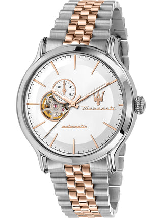 Front view of Maserati R8823118008 Silver Dial Rose Gold Stainless Steel Unisex Watch on white background