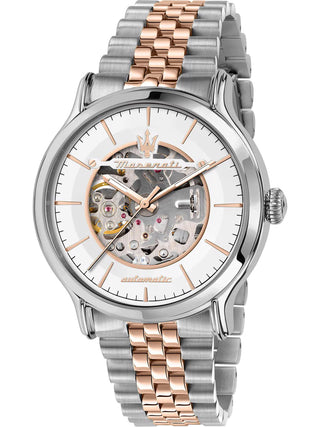 Front view of Maserati R8823118011 Silver Dial Rose Gold Stainless Steel Unisex Watch on white background