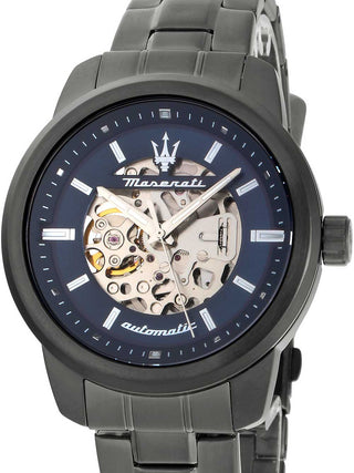 Front view of Maserati R8823121001 Blue Dial Grey Stainless Steel Unisex Watch on white background