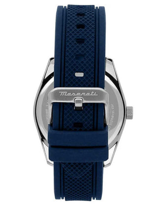 Angle shot of Maserati R8851151005 Blue Silicone Unisex Watch on white background