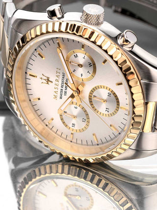 Angle shot of Maserati R8853100021 Silver Dial Gold Stainless Steel Unisex Watch on white background