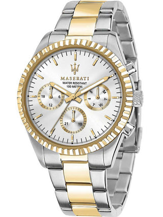 Front view of Maserati R8853100021 Silver Dial Gold Stainless Steel Unisex Watch on white background