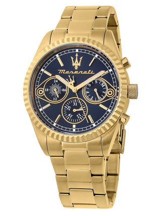 Angle shot of Maserati R8853100026 Blue Dial Gold Stainless Steel Unisex Watch on white background