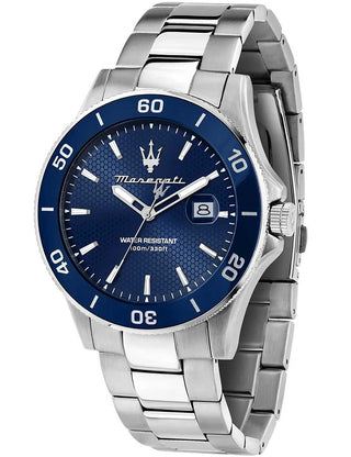 Front view of Maserati R8853100036 Blue Dial Silver Stainless Steel Unisex Watch on white background