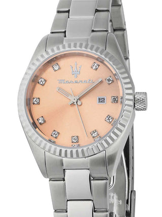 Front view of Maserati R8853100509 Pink Dial Silver Stainless Steel Womens Watch on white background