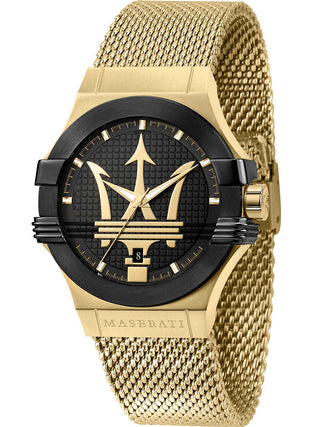 Front view of Maserati Potenza R8853108006 Black & Gold Dial Gold Stainless Steel Mens Watch on white background