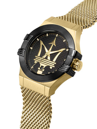 Angle shot of Maserati Potenza R8853108006 Black & Gold Dial Gold Stainless Steel Mens Watch on white background