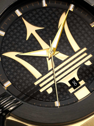 Angle shot of Maserati Potenza R8853108006 Black & Gold Dial Gold Stainless Steel Mens Watch on white background