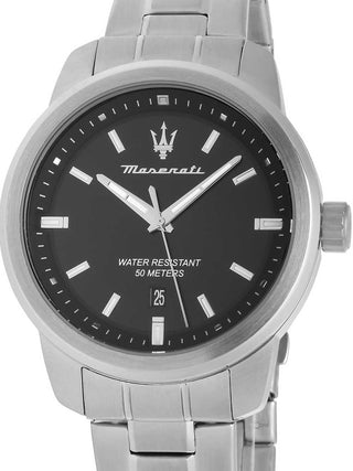 Front view of Maserati R8853121006 Black Dial Silver Stainless Steel Unisex Watch on white background