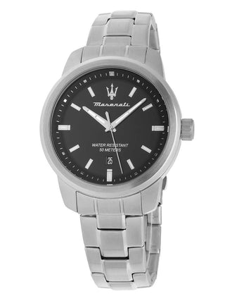 Angle shot of Maserati R8853121006 Black Dial Silver Stainless Steel Unisex Watch on white background