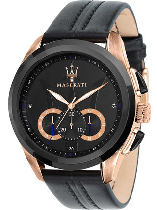 Front view of Maserati Traguardo Chronograph R8871612025 Black Leather Mens Watch on white background