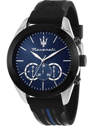 Front view of Maserati Chronograph R8871612044 Blue Dial Black Silicone Unisex Watch on white background