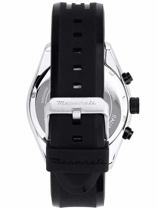 Angle shot of Maserati Chronograph R8871612044 Blue Dial Black Silicone Unisex Watch on white background