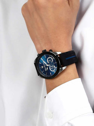 Angle shot of Maserati Chronograph R8871612044 Blue Dial Black Silicone Unisex Watch on white background
