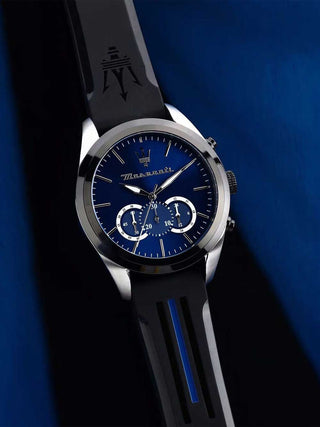 Angle shot of Maserati Chronograph R8871612044 Blue Dial Black Silicone Unisex Watch on white background