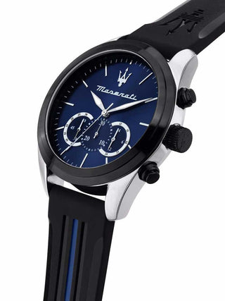 Angle shot of Maserati Chronograph R8871612044 Blue Dial Black Silicone Unisex Watch on white background