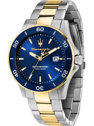 Front view of Maserati R8873600010 Blue Dial Gold Stainless Steel Unisex Watch on white background