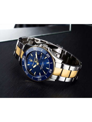 Angle shot of Maserati R8873600010 Blue Dial Gold Stainless Steel Unisex Watch on white background