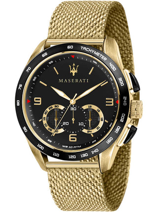 Front view of Maserati Traguardo Chronograph R8873612010 Black Dial Gold Stainless Steel Mens Watch on white background