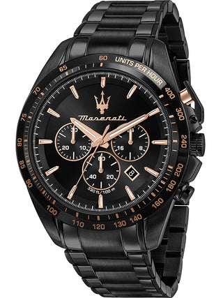 Front view of Maserati Chronograph R8873612048 Black Stainless Steel Unisex Watch on white background