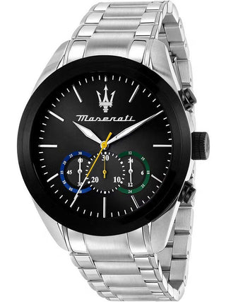 Angle shot of Maserati Chronograph R8873612061 Black Dial Silver Stainless Steel Unisex Watch on white background