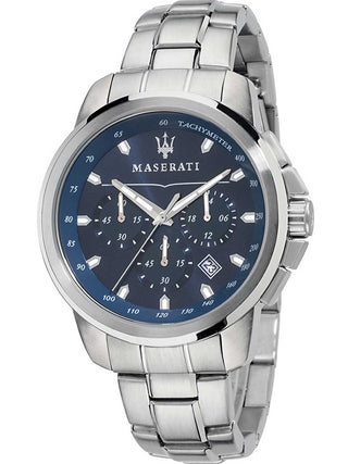 Front view of Maserati Successo Chronograph R8873621002 Blue Stainless Steel Mens Watch on white background