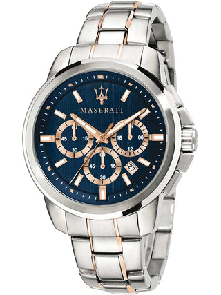 Front view of Maserati Chronograph R8873621008 Blue Dial Rose Gold Stainless Steel Mens Watch on white background