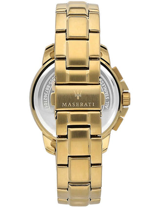 Angle shot of Maserati Successo Chronograph R8873621013 Black & Gold Dial Gold Stainless Steel Mens Watch on white background