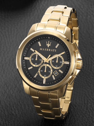 Angle shot of Maserati Successo Chronograph R8873621013 Black & Gold Dial Gold Stainless Steel Mens Watch on white background