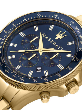 Angle shot of Maserati Chronograph R8873640008 Blue Dial Gold Stainless Steel Unisex Watch on white background