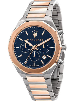 Front view of Maserati Stile Chronograph R8873642002 Blue Dial Grey Stainless Steel Mens Watch on white background