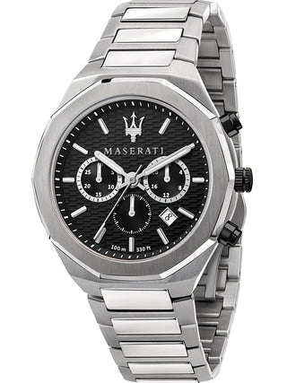 Front view of Maserati Stile Chronograph R8873642004 Black Dial Silver Stainless Steel Mens Watch on white background