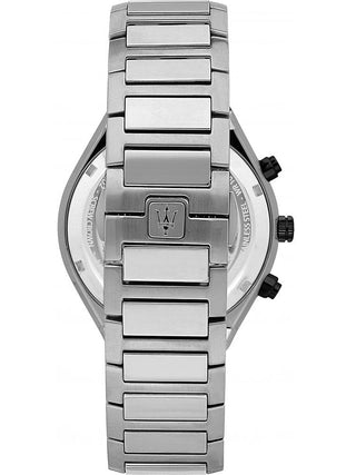 Angle shot of Maserati Stile Chronograph R8873642004 Black Dial Silver Stainless Steel Mens Watch on white background