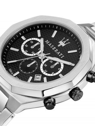 Angle shot of Maserati Stile Chronograph R8873642004 Black Dial Silver Stainless Steel Mens Watch on white background