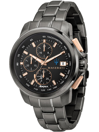 Front view of Maserati Successo Solar Power Chronograph R8873645001 Black Stainless Steel Mens Watch on white background