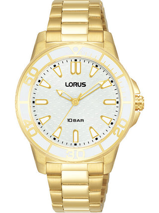 Front view of Lorus RG256VX9 Silver Dial Gold Stainless Steel Womens Watch on white background