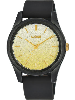 Angle shot of Lorus Lady RG269TX9 Gold Dial Black Rubber Womens Watch on white background