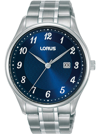 Front view of Lorus RH905PX9 Blue Dial Silver Stainless Steel Unisex Watch on white background