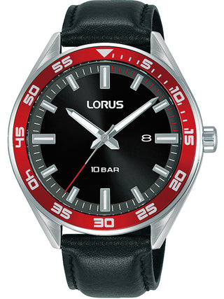 Front view of Lorus Classic RH941NX9 Black Leather Mens Watch on white background