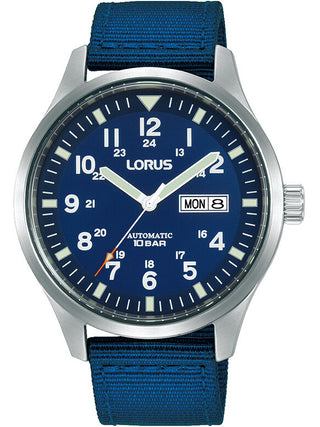 Front view of Lorus RL409BX9 Blue Textile Unisex Watch on white background