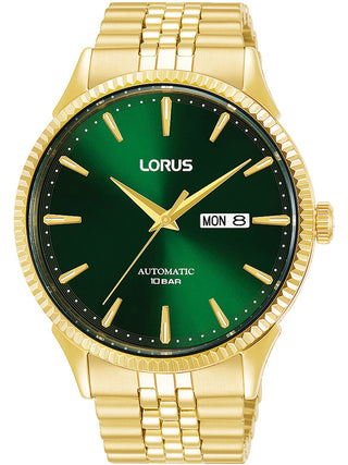 Front view of Lorus RL468AX9 Green Dial Gold Stainless Steel Unisex Watch on white background