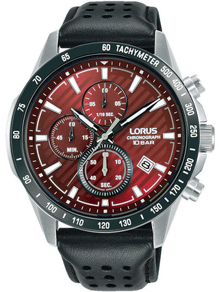 Front view of Lorus Chronograph RM305JX9 Red Dial Black Leather Unisex Watch on white background